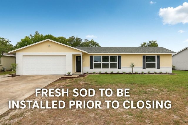 ranch-style home featuring roof with shingles, driveway, a garage, stucco siding, and a front lawn