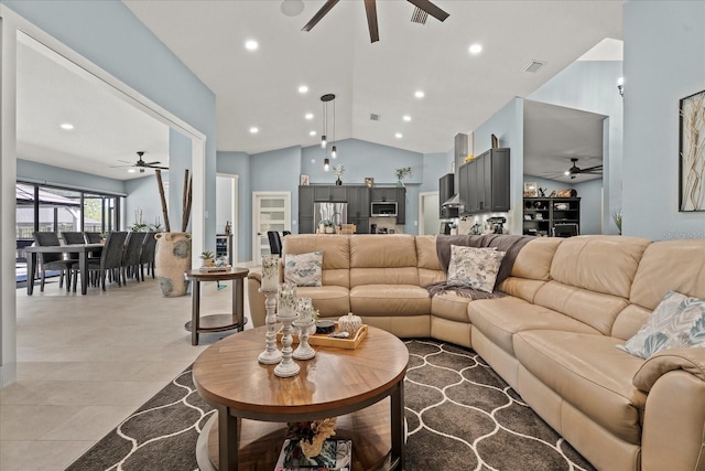 1446 Stone Trl, Enterprise, FL 32725 - living area with a ceiling fan, visible vents, and vaulted ceiling