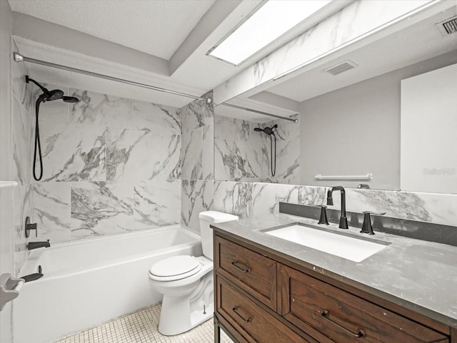bathroom featuring vanity, toilet, tile patterned floors,  shower combination, and visible vents