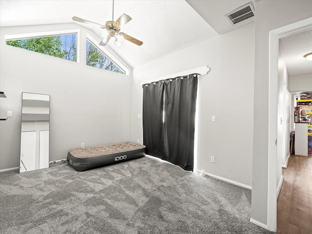 interior space with visible vents, baseboards, ceiling fan, a textured ceiling, and vaulted ceiling
