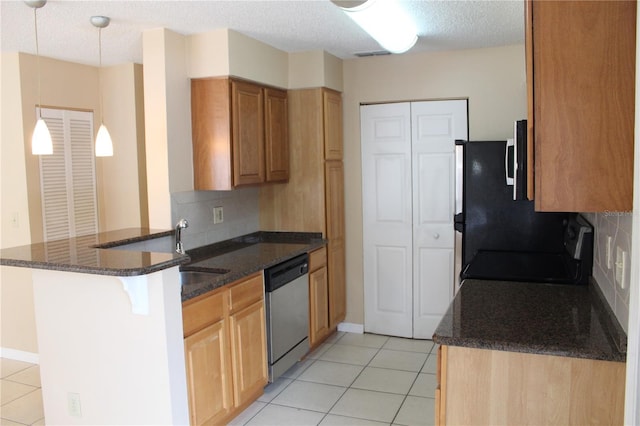 kitchen with stainless steel dishwasher, a peninsula, backsplash, and light tile patterned floors