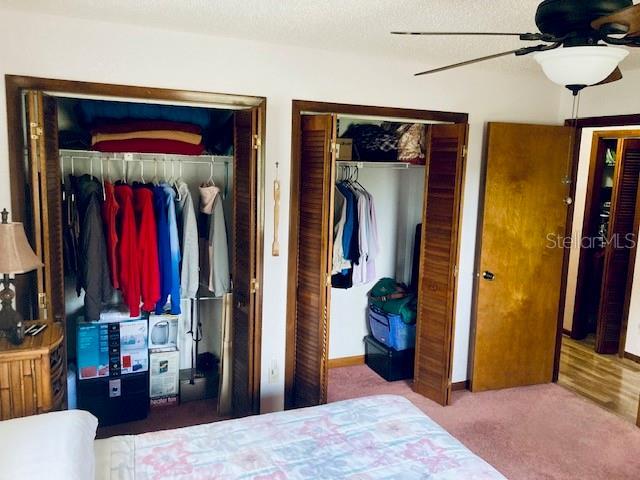 bedroom with carpet flooring, ceiling fan, and two closets