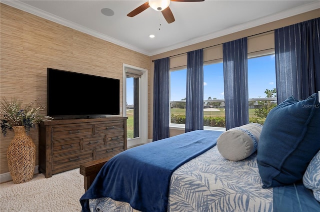 bedroom featuring crown molding, recessed lighting, and ceiling fan