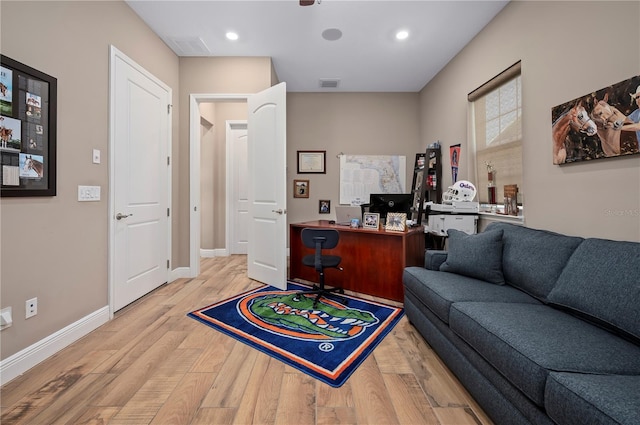 office area with visible vents, recessed lighting, baseboards, and wood finished floors