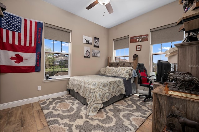 bedroom featuring baseboards, multiple windows, and wood finished floors