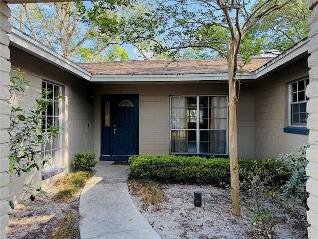 doorway to property featuring roof with shingles