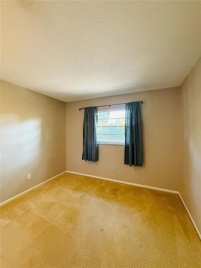spare room with a textured ceiling, light carpet, and baseboards