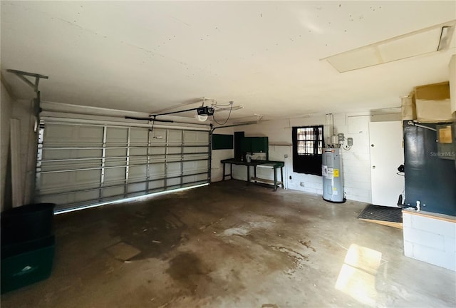 garage featuring water heater and a garage door opener