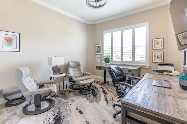 office space with wood finished floors, baseboards, and ornamental molding