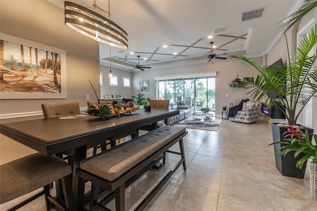 dining area featuring recessed lighting, visible vents, and ceiling fan with notable chandelier