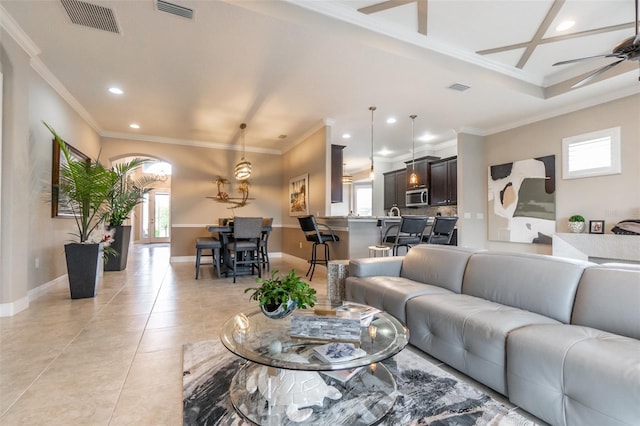 living room featuring ceiling fan, light tile patterned floors, visible vents, and recessed lighting