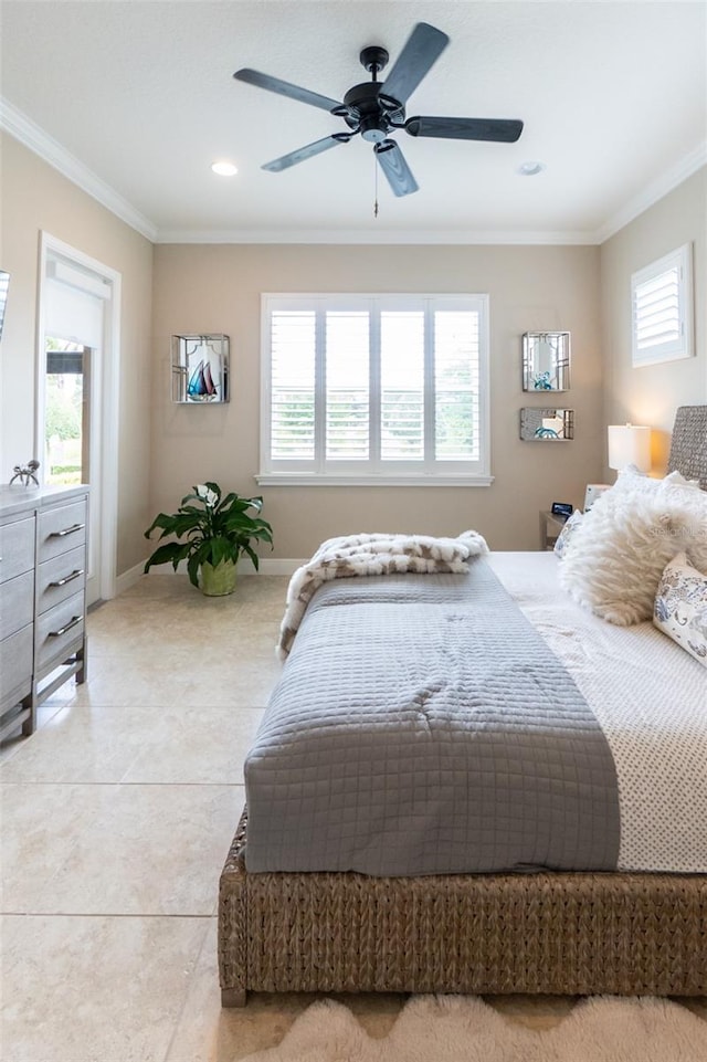 bedroom featuring ornamental molding, recessed lighting, a ceiling fan, light tile patterned floors, and baseboards