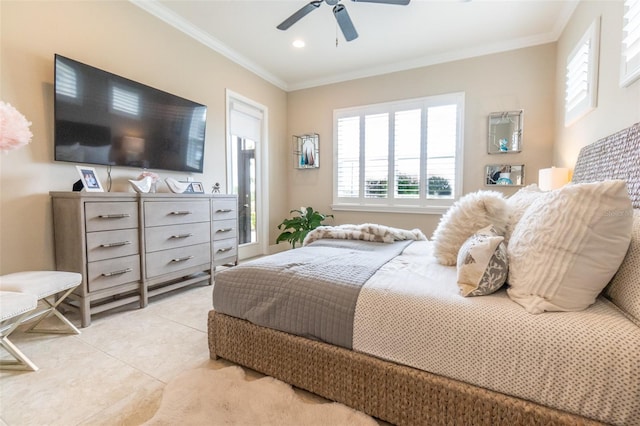 bedroom with crown molding, light tile patterned floors, a ceiling fan, and recessed lighting