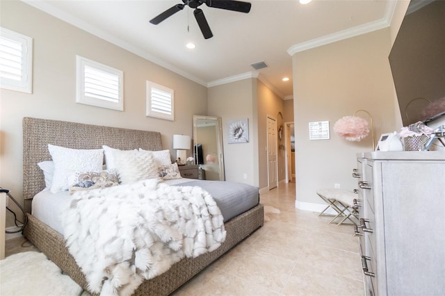 bedroom with recessed lighting, light tile patterned floors, baseboards, ornamental molding, and visible vents