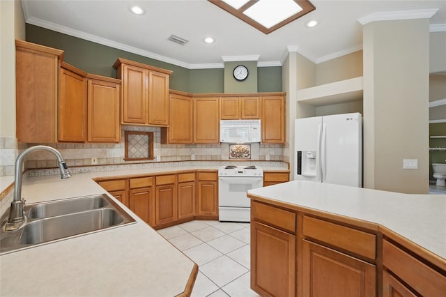 1641 Timber Hills Dr, Deland, FL 32724 - kitchen featuring white appliances, a sink, light countertops, backsplash, and crown molding