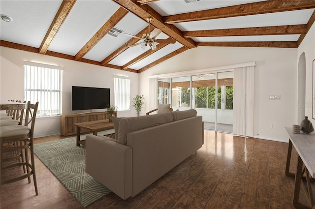 11094 SE 173rd Ln, Summerfield, FL 34491 - living area with dark wood-style flooring, ceiling fan, arched walkways, and baseboards