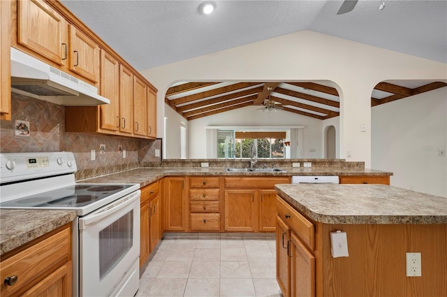 11094 SE 173rd Ln, Summerfield, FL 34491 - kitchen with white electric range oven, a ceiling fan, a sink, under cabinet range hood, and lofted ceiling