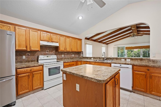 11094 SE 173rd Ln, Summerfield, FL 34491 - kitchen with white appliances, under cabinet range hood, ceiling fan, a sink, and a textured ceiling