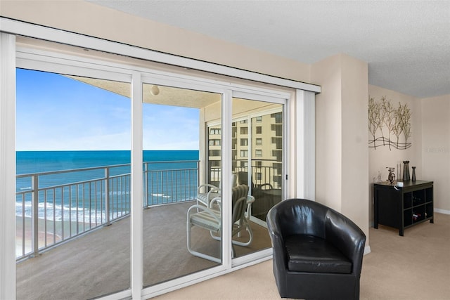 2967 S Atlantic Ave Unit 1601, Daytona Beach Shores, FL 32118 - doorway featuring a water view, a textured ceiling, and carpet flooring