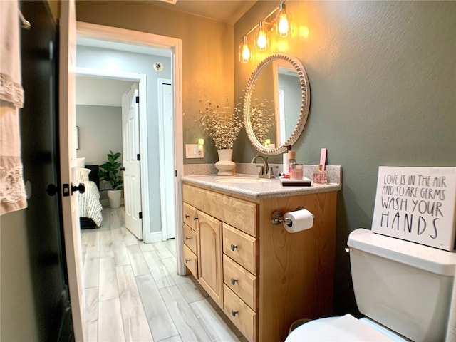 bathroom featuring toilet, vanity, and a textured wall