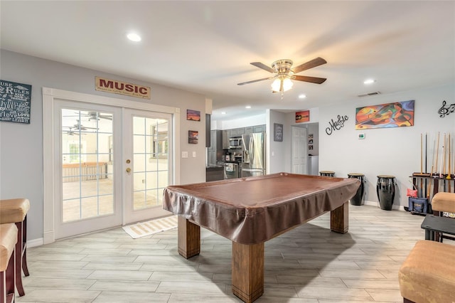 85 Pheasant Dr, Palm Coast, FL 32164 - playroom featuring french doors, a ceiling fan, recessed lighting, baseboards, and light wood-style flooring