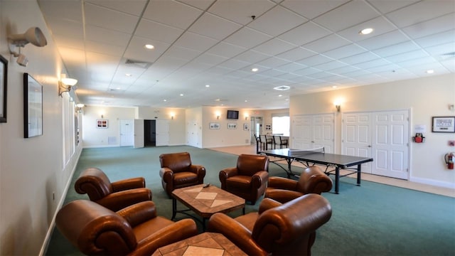 recreation room featuring baseboards, recessed lighting, carpet flooring, and visible vents