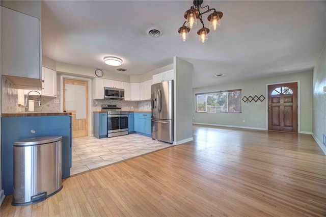 kitchen with appliances with stainless steel finishes, light wood finished floors, backsplash, white cabinets, and butcher block counters