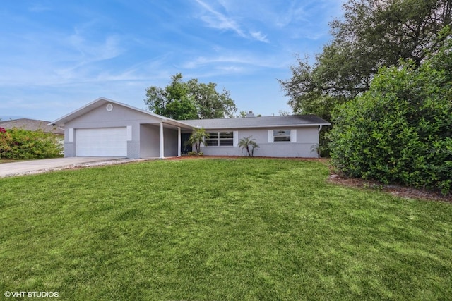 single story home featuring concrete driveway, a front yard, stucco siding, and a garage
