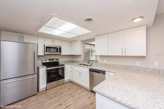kitchen with light wood-style flooring, light stone counters, a sink, white cabinetry, and stainless steel appliances