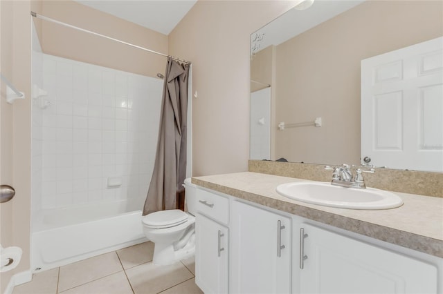 full bathroom with tile patterned flooring, toilet, vanity, and shower / bath combination with curtain