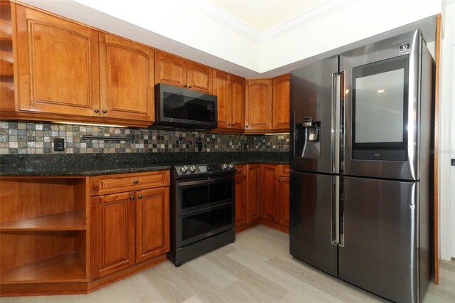 340 Hampton Hills Ct, Debary, FL 32713 - kitchen featuring stainless steel fridge with ice dispenser, range with two ovens, brown cabinetry, open shelves, and crown molding
