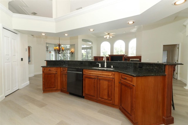 340 Hampton Hills Ct, Debary, FL 32713 - kitchen featuring black dishwasher, a sink, arched walkways, a chandelier, and crown molding