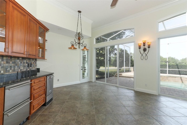 340 Hampton Hills Ct, Debary, FL 32713 - kitchen featuring crown molding, baseboards, brown cabinets, glass insert cabinets, and backsplash