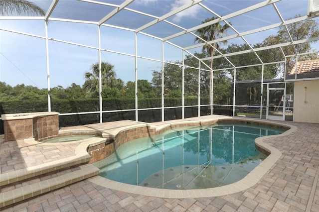 340 Hampton Hills Ct, Debary, FL 32713 - view of pool with a patio area, a pool with connected hot tub, and glass enclosure