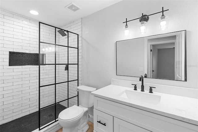 bathroom featuring toilet, a shower stall, and vanity