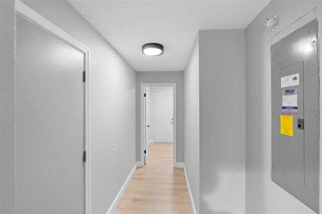 hall featuring light wood-style flooring, baseboards, and electric panel