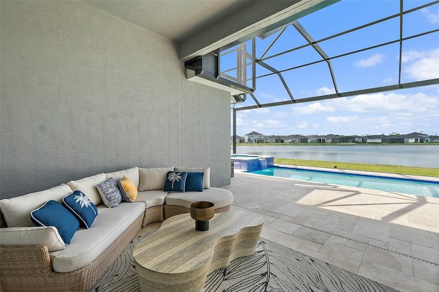 165 Azure Mist Way, Daytona Beach, FL 32124 - view of patio / terrace with a pool with connected hot tub, glass enclosure, a water view, and an outdoor living space