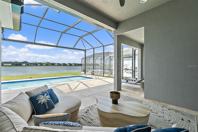 165 Azure Mist Way, Daytona Beach, FL 32124 - swimming pool with a patio area, a water view, a lanai, ceiling fan, and an outdoor living space