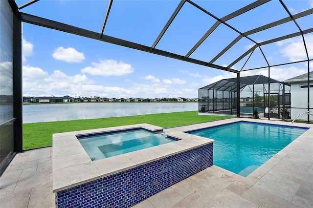 165 Azure Mist Way, Daytona Beach, FL 32124 - swimming pool with an in-ground hot tub, a water view, a yard, glass enclosure, and a patio area