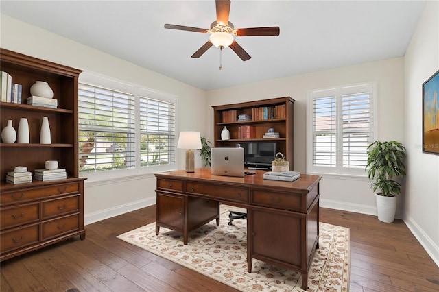 703 Elkhorn Fern Ln, Deland, FL 32720 - home office featuring baseboards, ceiling fan, and dark wood-type flooring