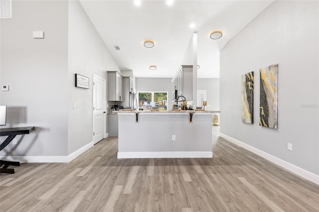 1738 Palm Rd, Ormond Beach, FL 32174 - kitchen featuring gray cabinetry, a breakfast bar, light wood-style floors, a peninsula, and vaulted ceiling