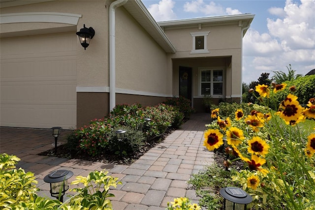 doorway to property featuring stucco siding