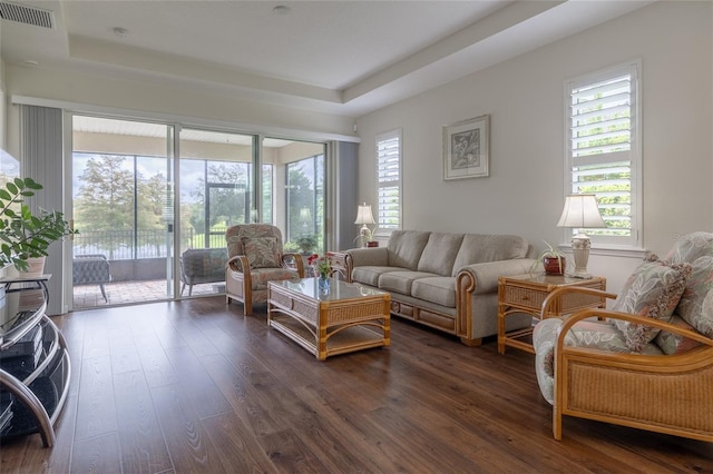 living area featuring a tray ceiling and dark wood-style floors