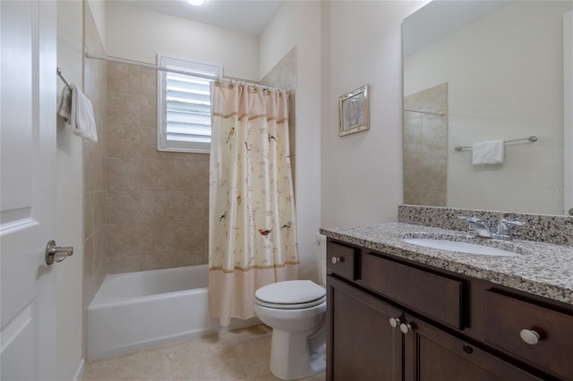 full bath featuring toilet, tile patterned flooring, vanity, and shower / bathtub combination with curtain
