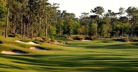 view of property's community with view of golf course and a lawn