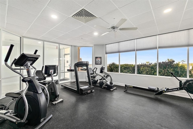 2967 S Atlantic Ave Unit 202, Daytona Beach Shores, FL 32118 - gym with a drop ceiling, ceiling fan, and recessed lighting