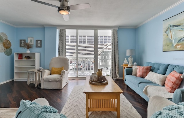 2800 N Atlantic Ave Unit 206, Daytona Beach, FL 32118 - living area featuring crown molding, wood finished floors, a ceiling fan, and baseboards