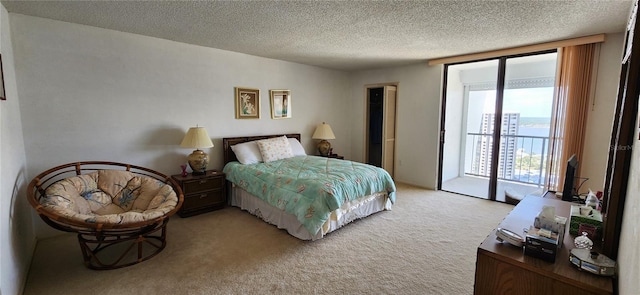 bedroom with access to exterior, light carpet, and a textured ceiling