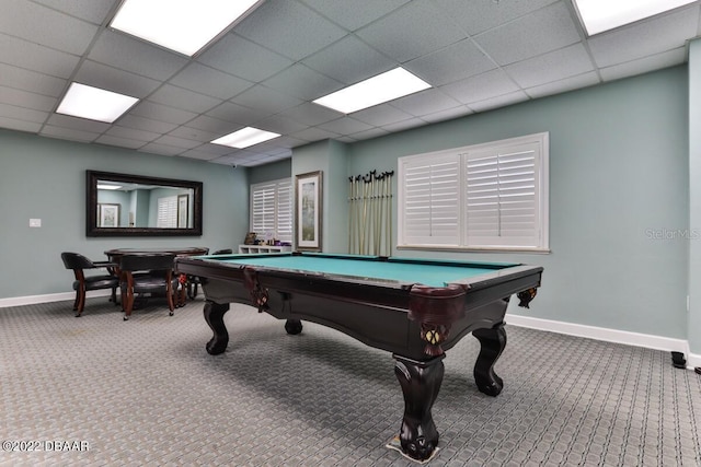 rec room with carpet flooring, baseboards, a paneled ceiling, and billiards table
