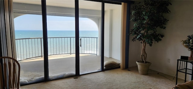 doorway with carpet floors and a water view